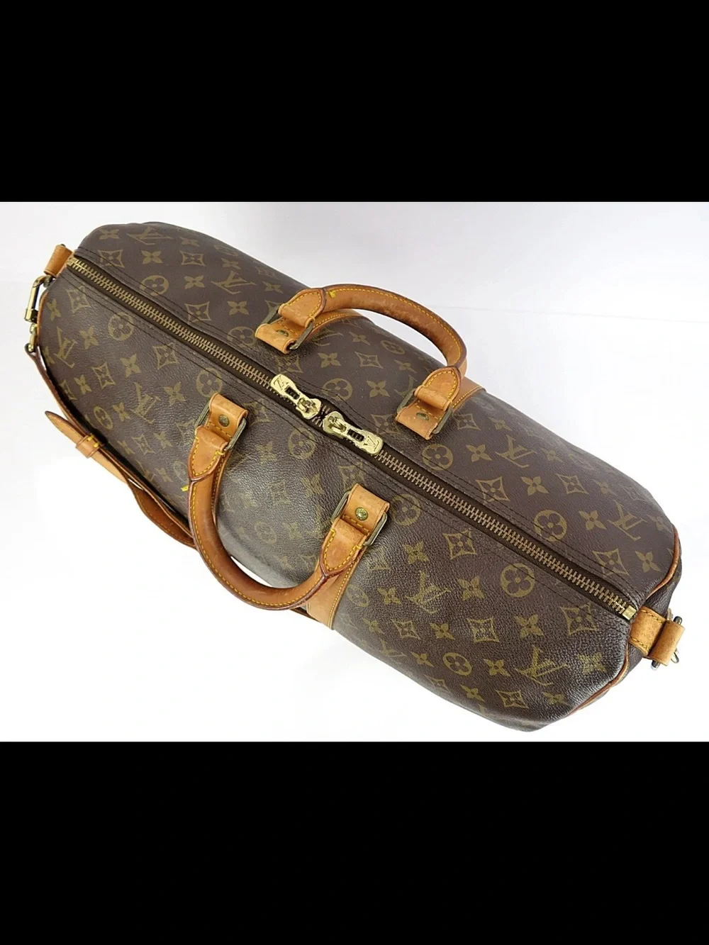 Louis Vuitton Brown Monogram Travel Duffel with Tan Leather Strap